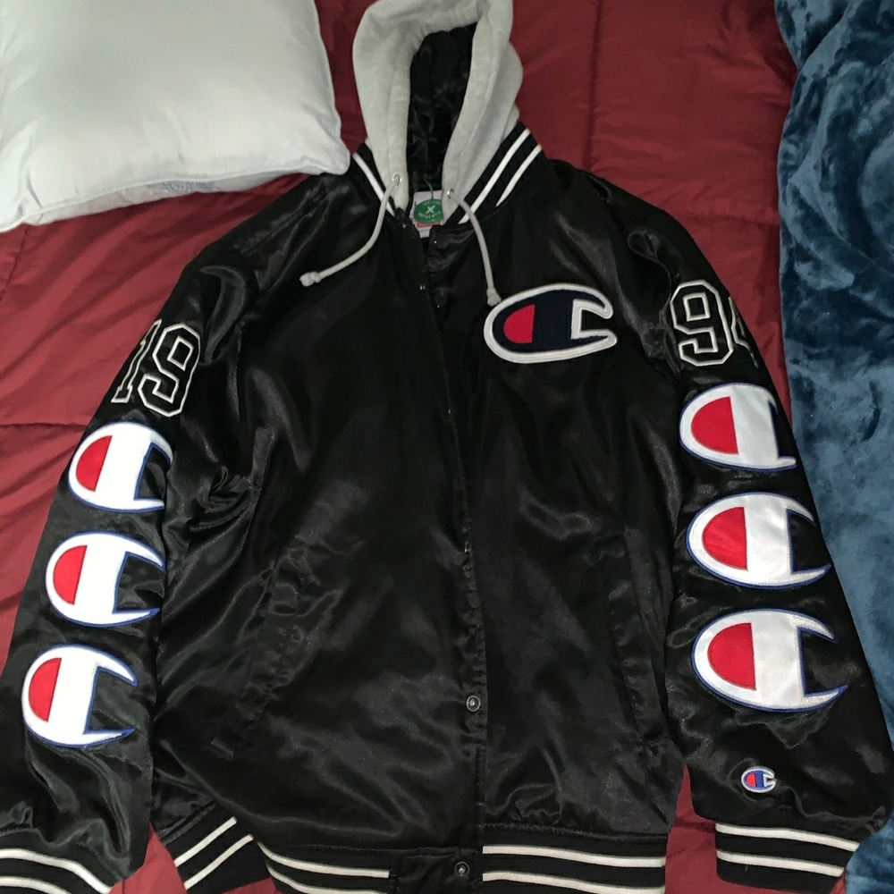 Supreme Champion Hooded Satin Varsity Jacket Black